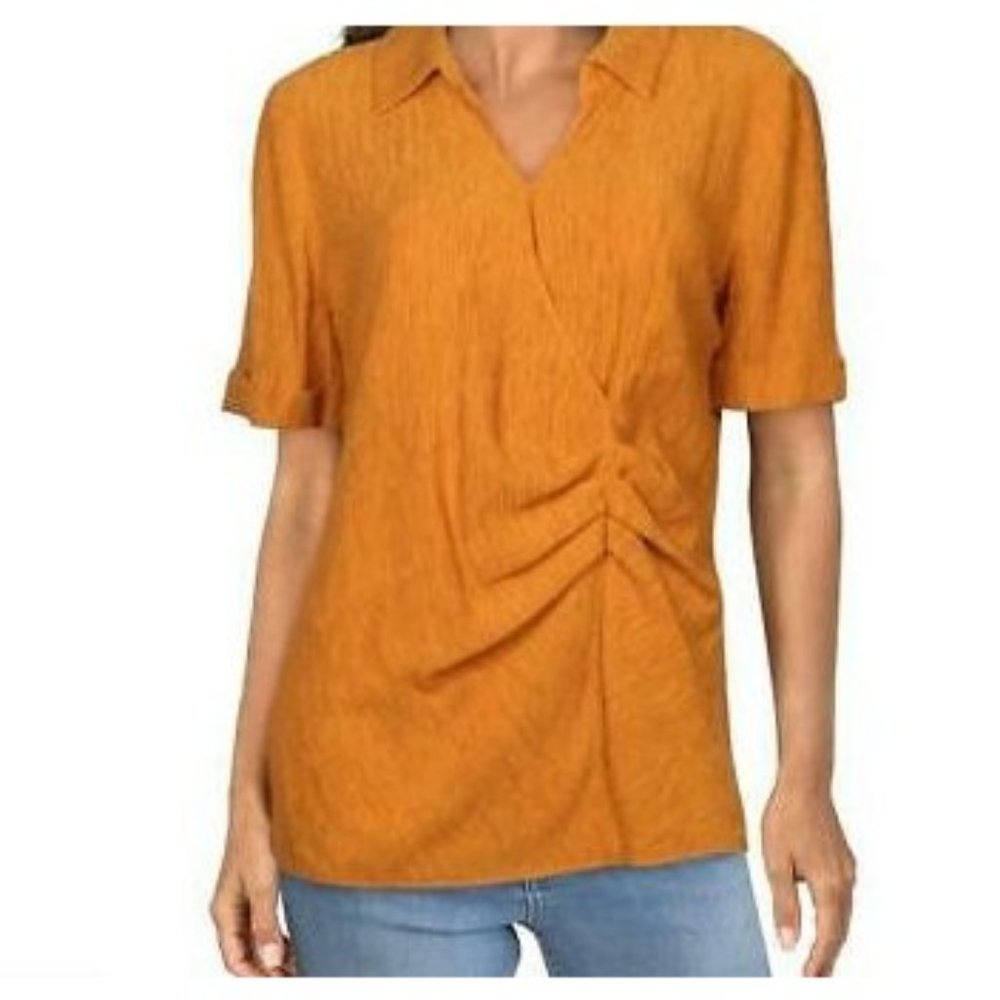Alfani Women's Pleated Waist Surplice Blouse Henley Top Sunset Lily Size XL